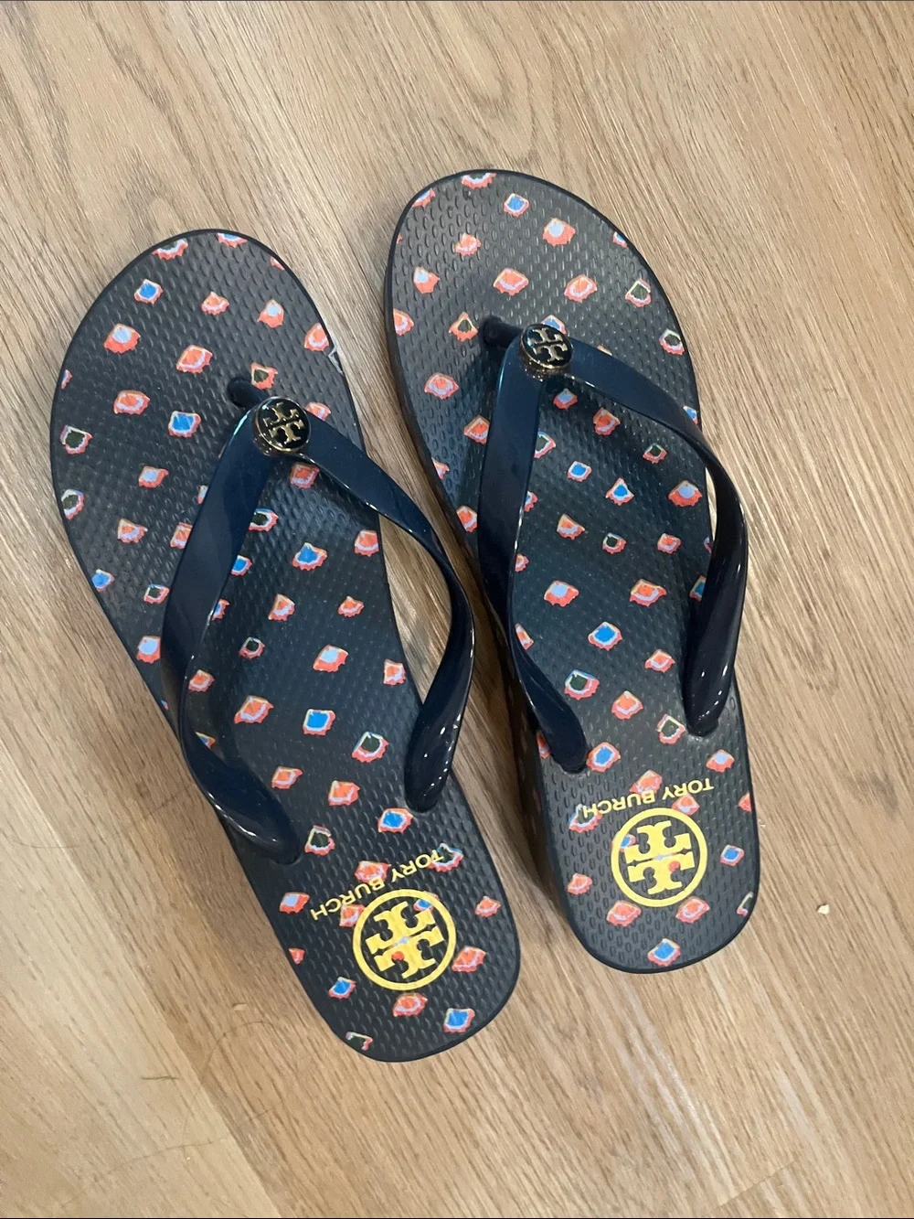 Tory Burch Navy Flip Flop Sandals with Multicolor Print